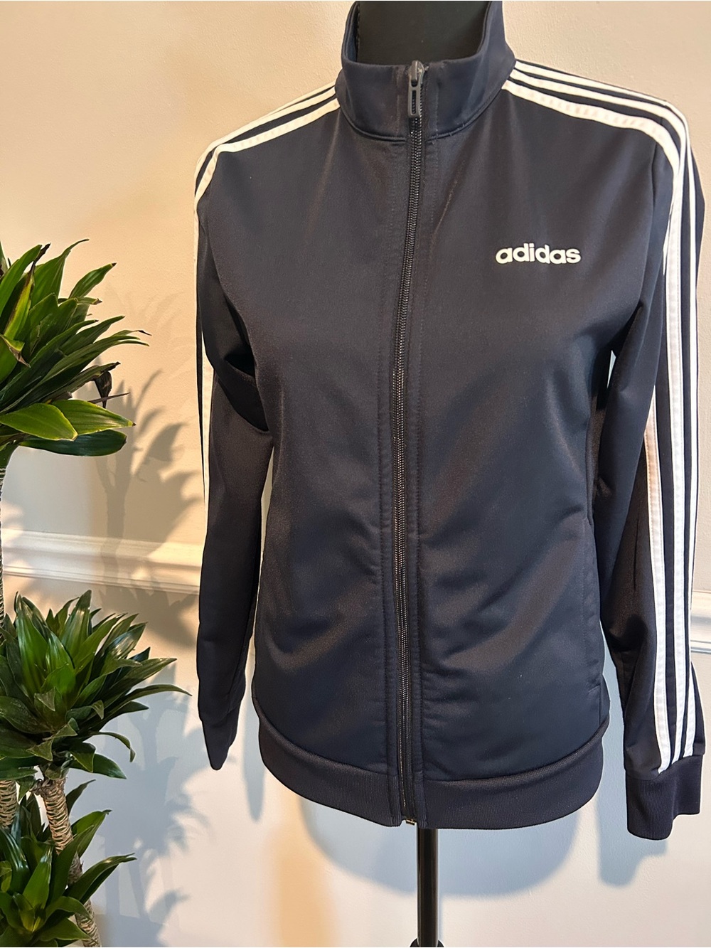 Adidas Navy and White Three-Stripe Track Jacket Size Small